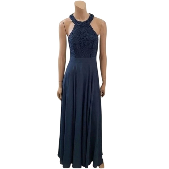 Lulu's Navy Blue Chiffon Lace Bodice Halter Gown NWT Sz L - Picture 10 of 14